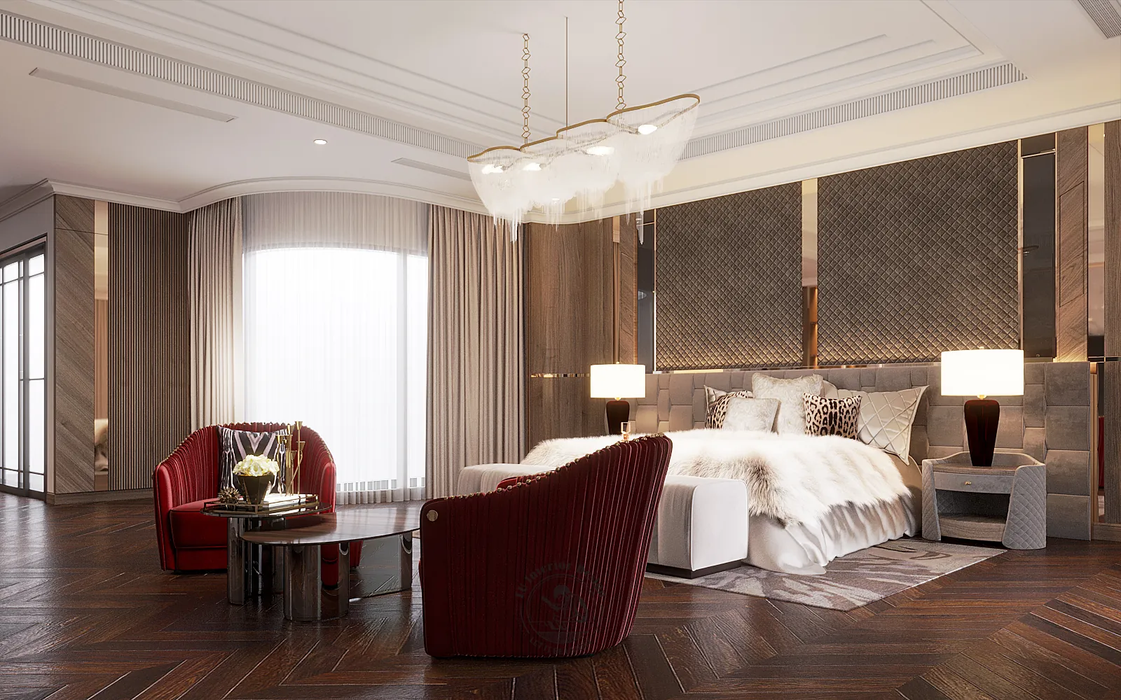 Đèn chùm phòng master – thiết kế nội thất nhà phố Thiên Kim – LU Design