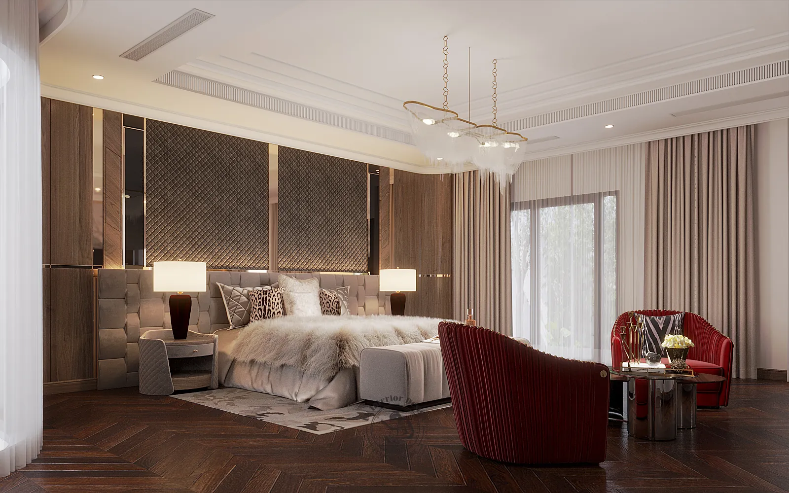 Ghế nhung đỏ trước giường master – thiết kế nội thất nhà phố Thiên Kim – LU Design