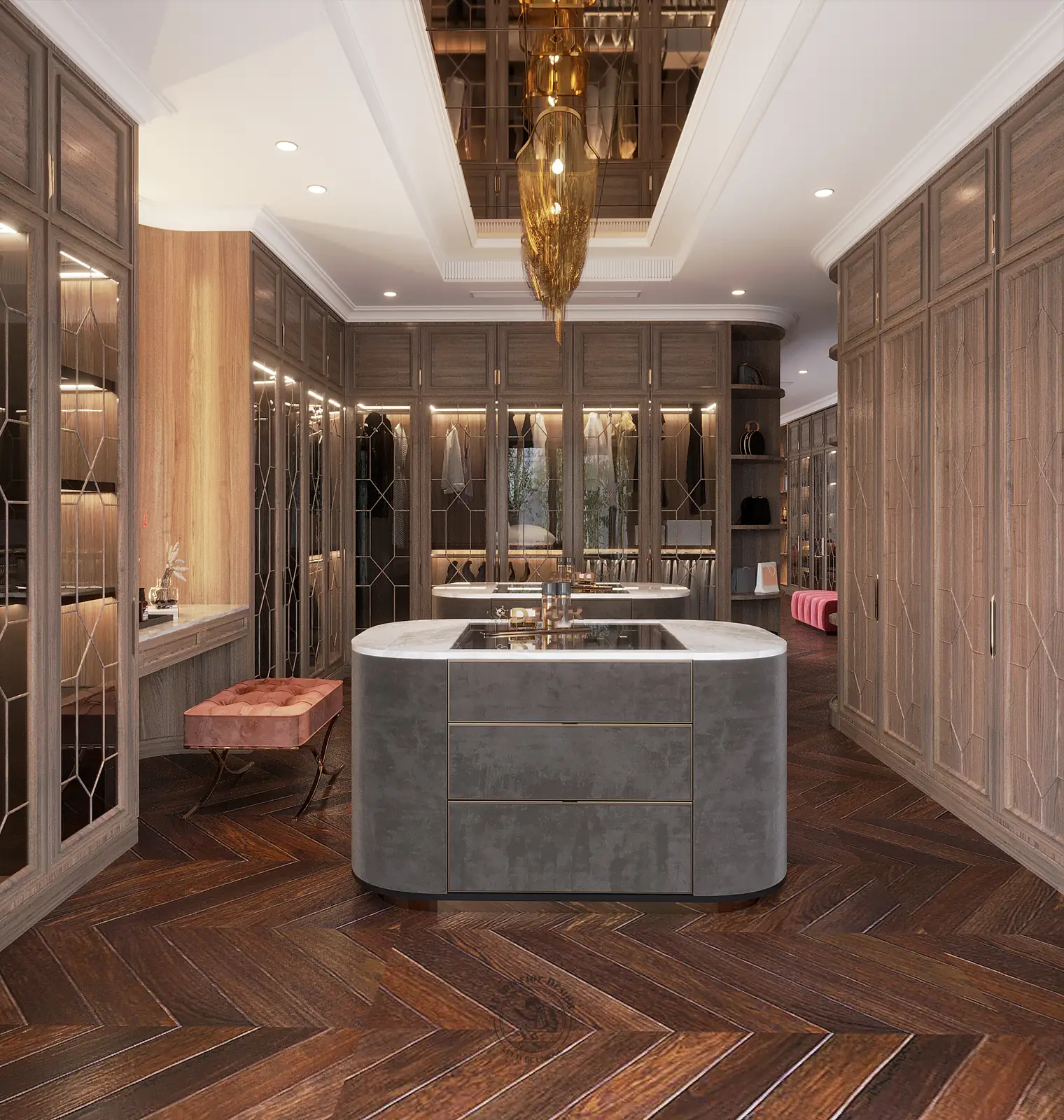 Phòng thay đồ có đảo tủ đá – thiết kế nội thất nhà phố Thiên Kim – LU Design
