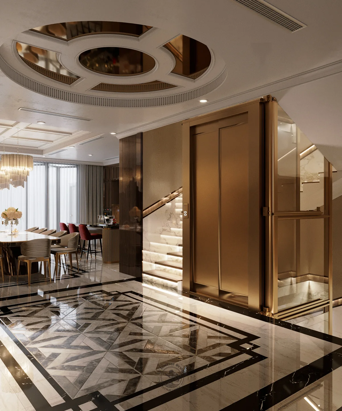 Sàn đá hoa văn ở sảnh tầng trệt – thiết kế nội thất nhà phố Thiên Kim – LU Design