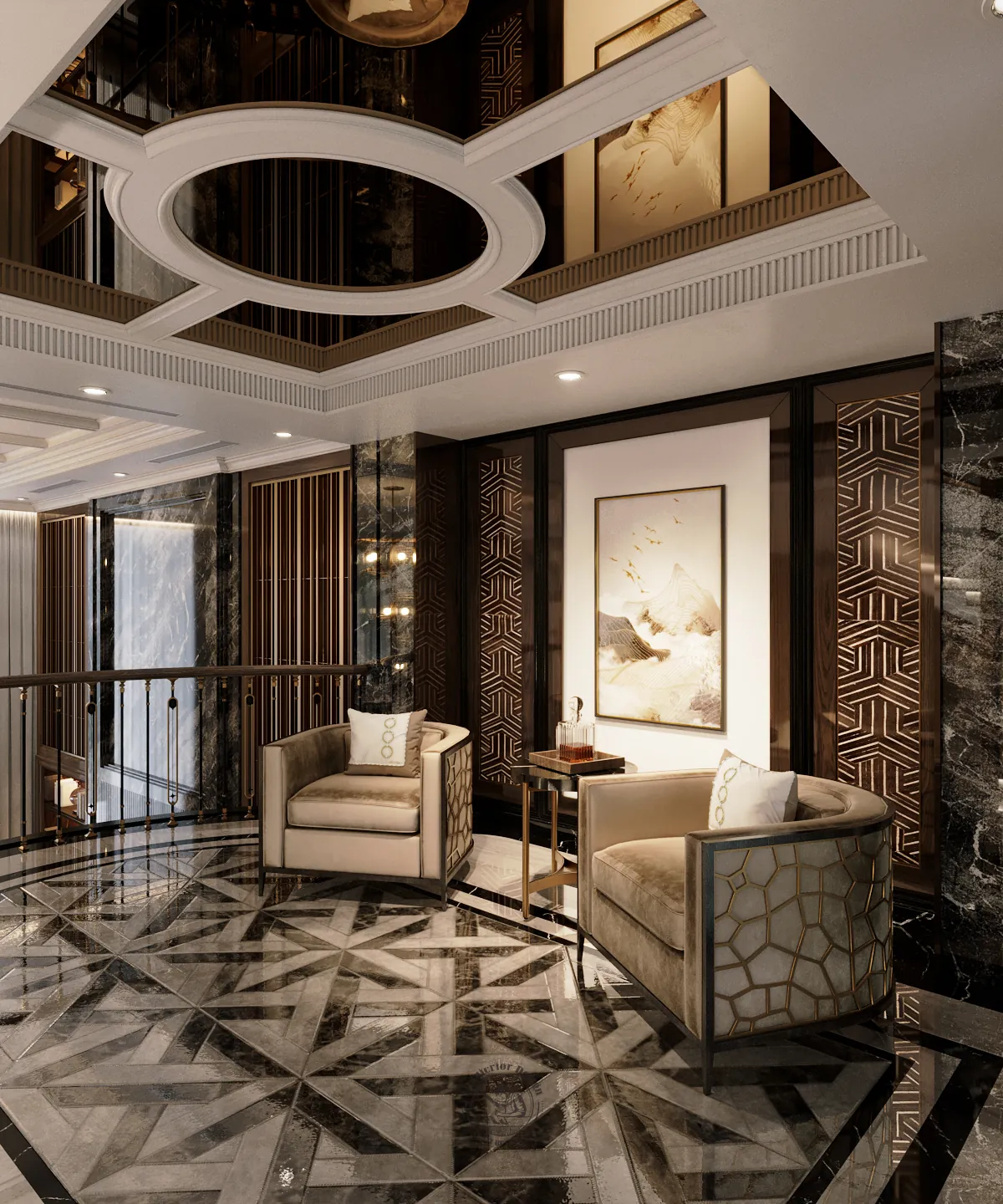 Sảnh tầng lửng vách gỗ hoa văn – thiết kế nội thất nhà phố Thiên Kim – LU Design