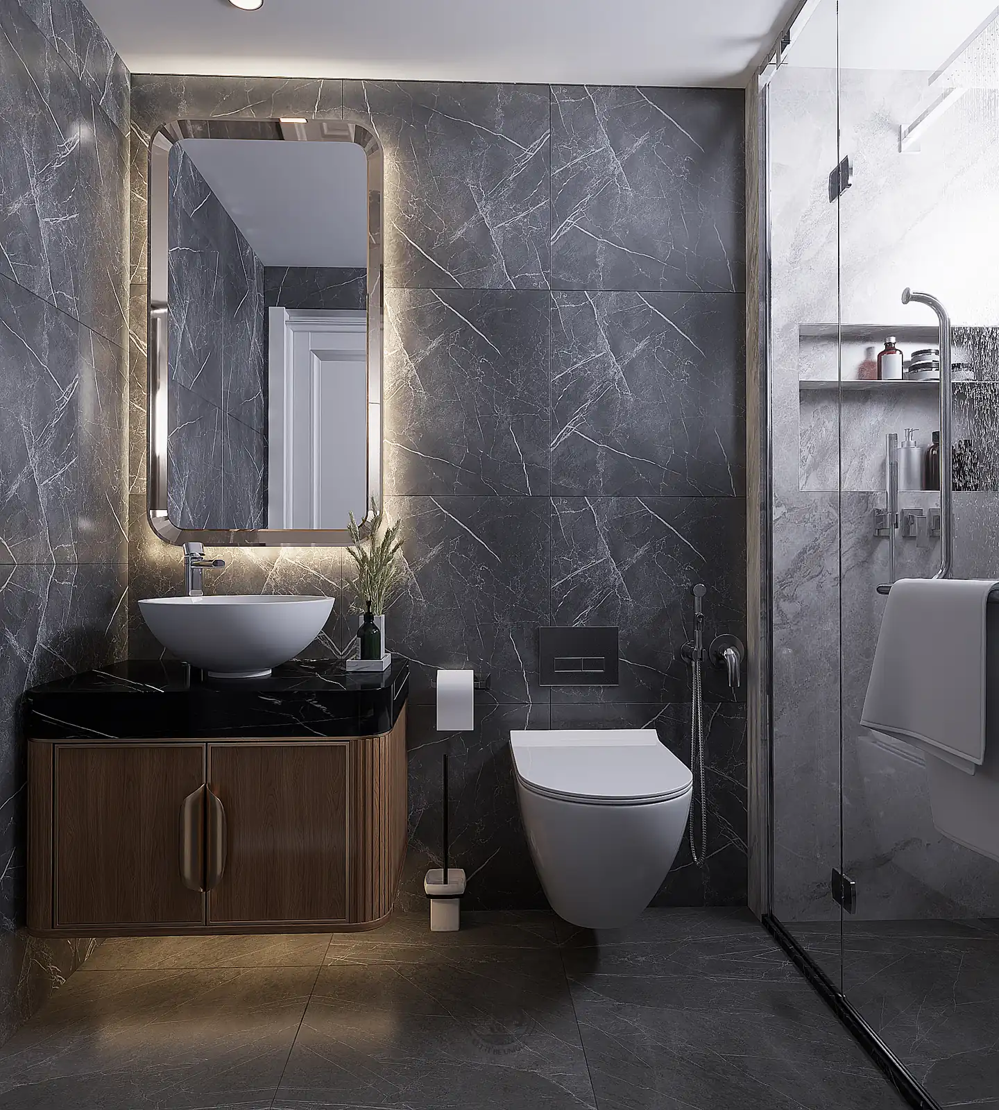 Lavabo đá phòng tắm khách – thiết kế nội thất nhà phố Thiên Kim – LU Design