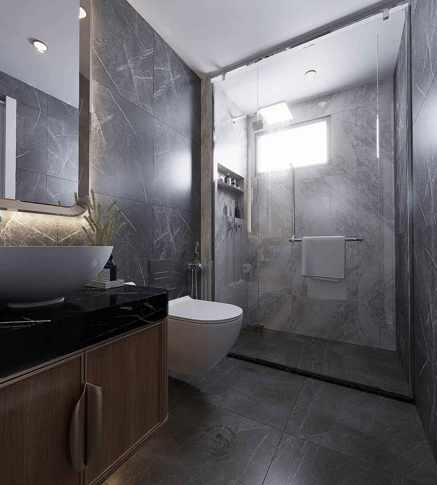Vách kính phòng tắm khách – thiết kế nội thất nhà phố Thiên Kim – LU Design
