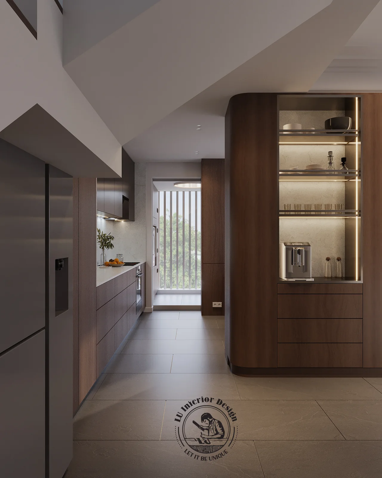 Lối vào bếp với tủ kính và cửa ra lô gia – thiết kế nội thất Penthouse Triplex Riverpark Phú Mỹ Hưng – LU Design