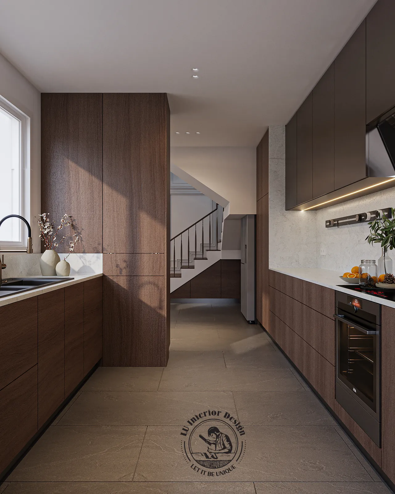 Bếp chữ L tủ gỗ óc chó và mặt đá trắng – thiết kế nội thất Penthouse Triplex Riverpark Phú Mỹ Hưng – LU Design