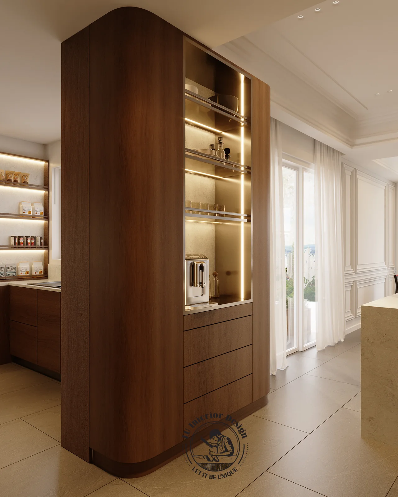 Tủ kính đèn hắt gỗ óc chó bo cong trong bếp – thiết kế nội thất Penthouse Triplex Riverpark Phú Mỹ Hưng – LU Design