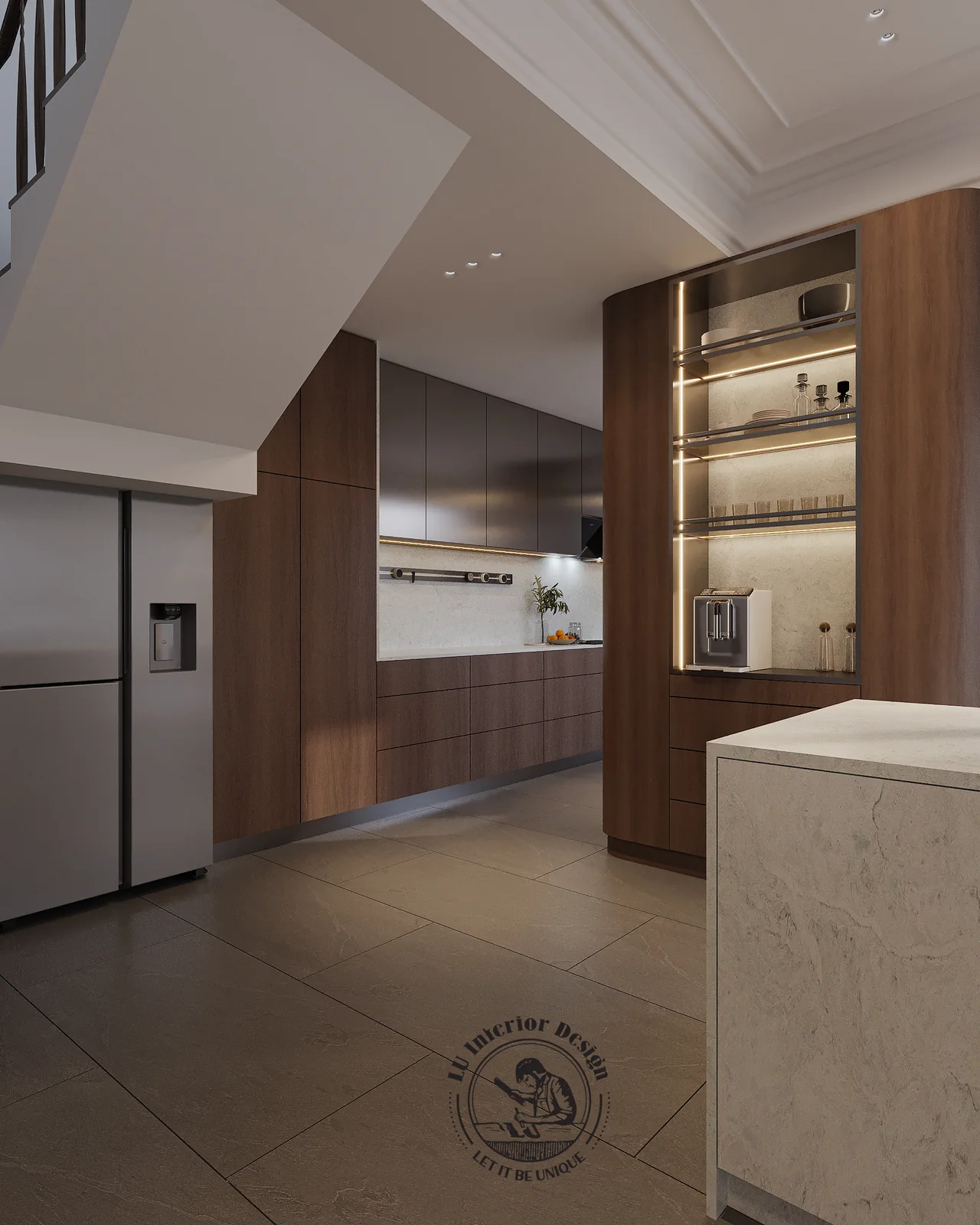 Bếp với tủ lạnh âm tủ và tủ gỗ óc chó kịch trần – thiết kế nội thất Penthouse Triplex Riverpark Phú Mỹ Hưng – LU Design