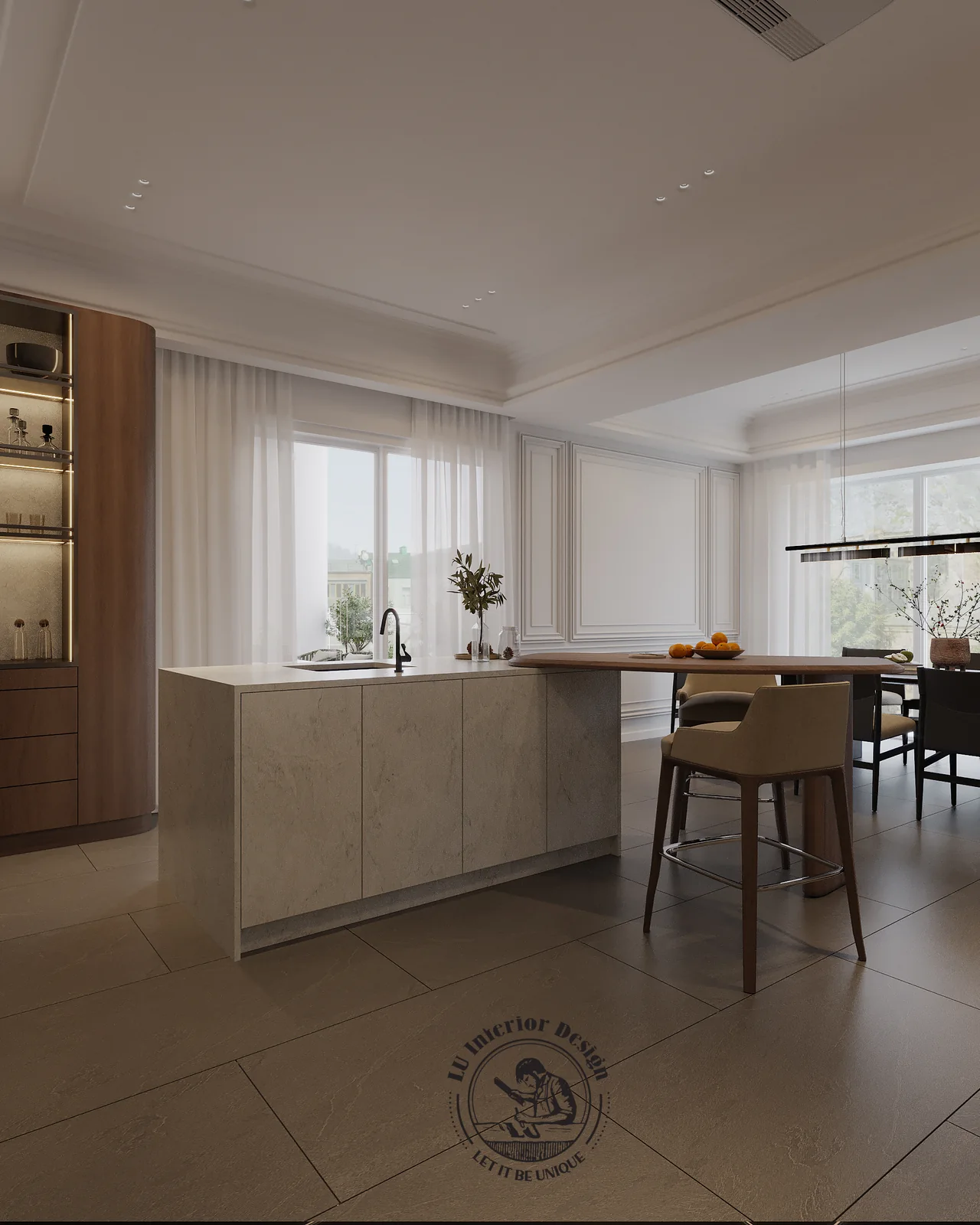 Đảo bếp đá xám nhìn sang phòng ăn – thiết kế nội thất Penthouse Triplex Riverpark Phú Mỹ Hưng – LU Design