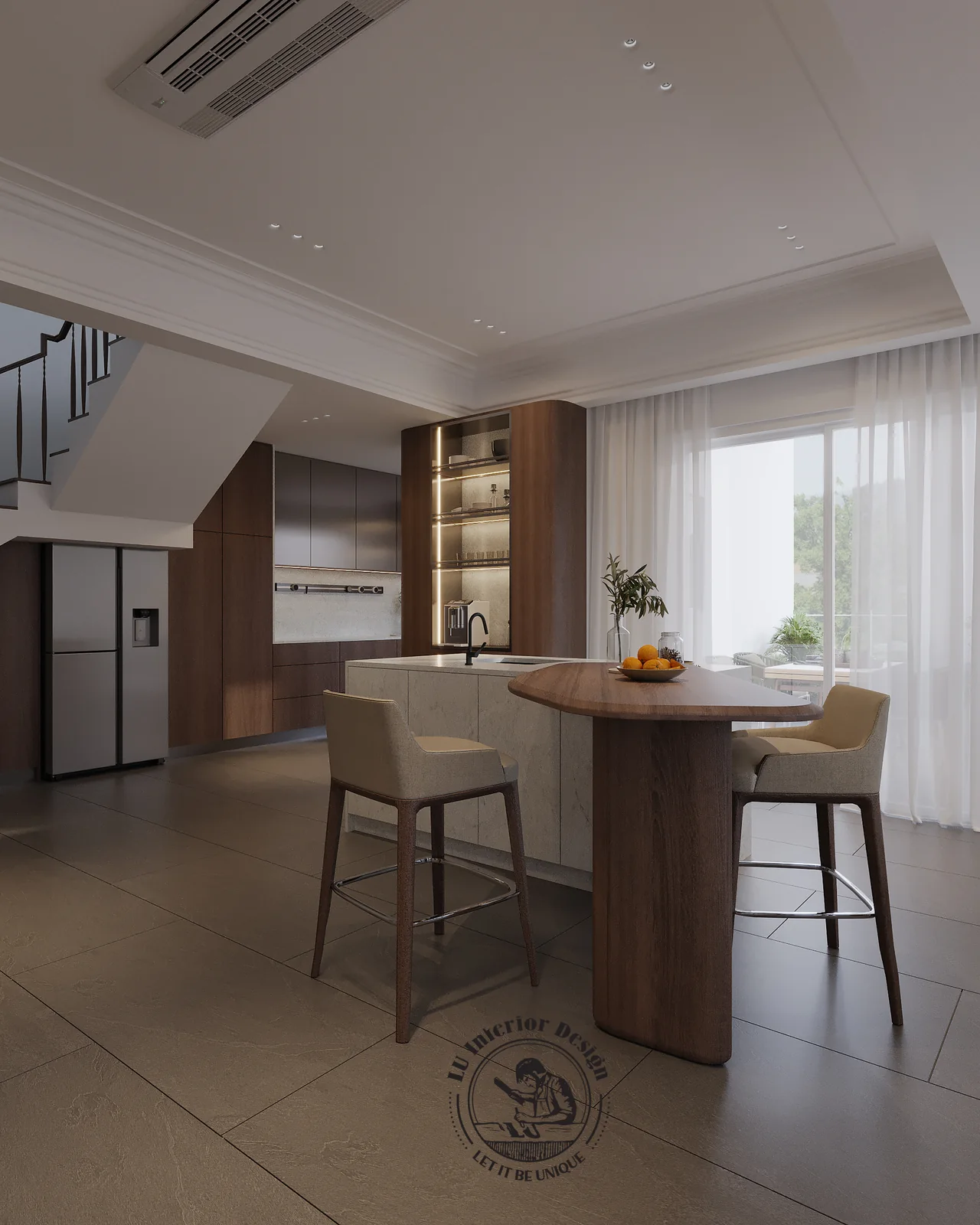 Đảo bếp quầy bar gỗ tròn với ghế bar bọc vải – thiết kế nội thất Penthouse Triplex Riverpark Phú Mỹ Hưng – LU Design
