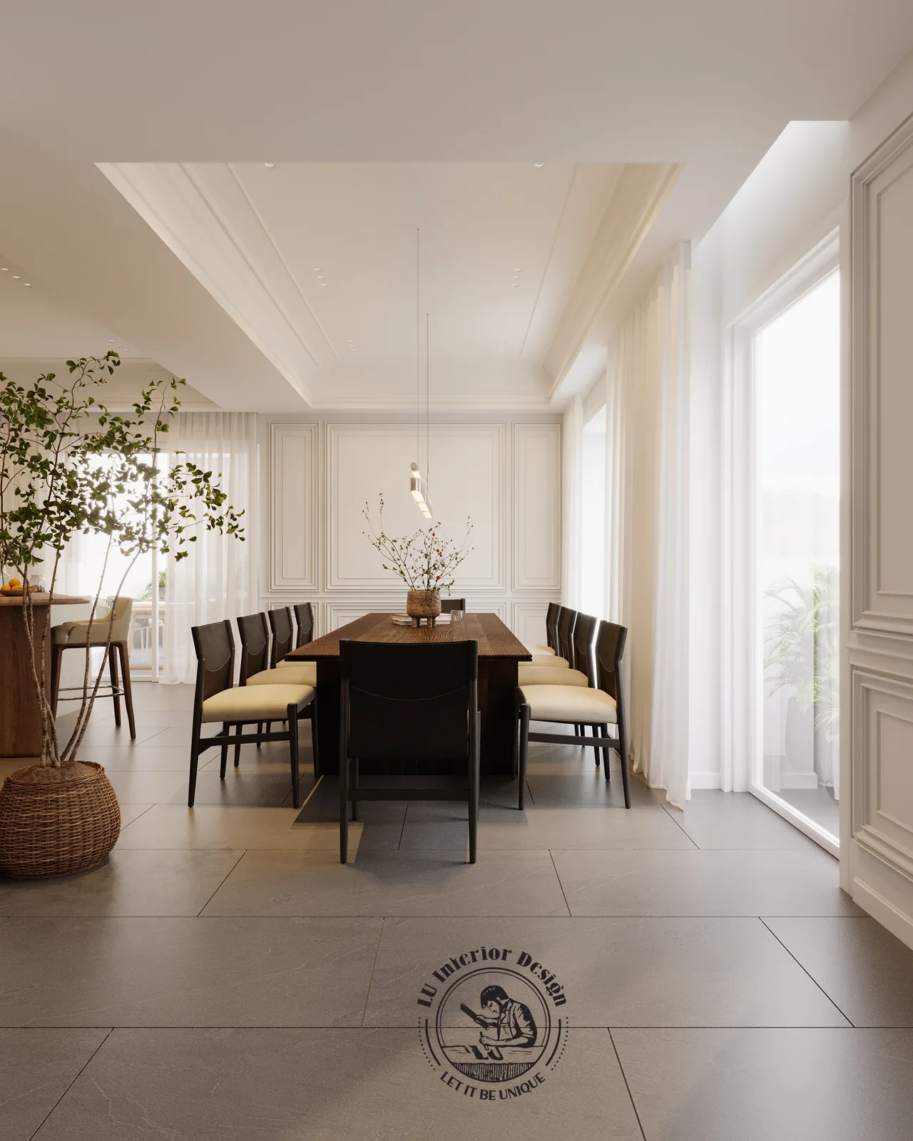 Bàn ăn tám ghế gỗ dưới dải đèn thả và cửa sổ lớn – thiết kế nội thất Penthouse Triplex Riverpark Phú Mỹ Hưng – LU Design