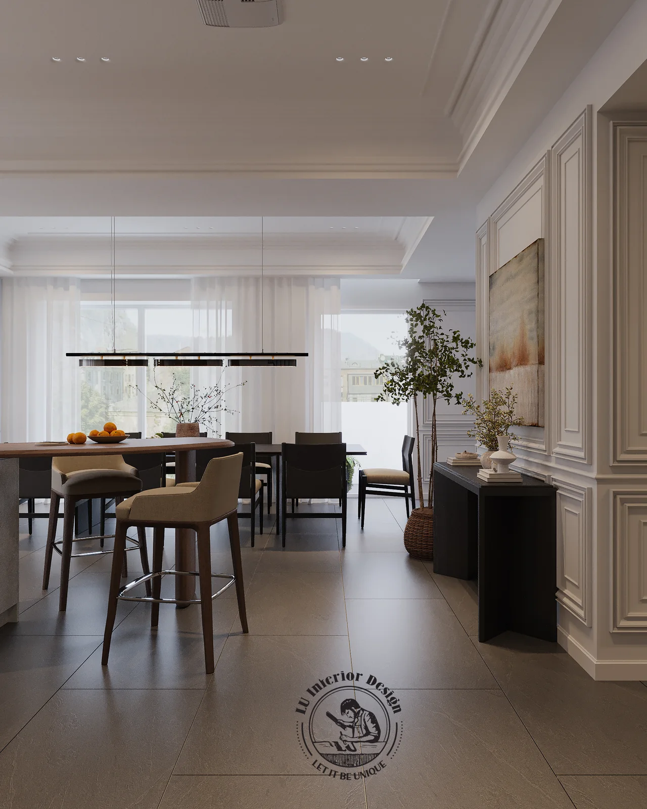 Phòng ăn với dải đèn thả dài và tranh trừu tượng – thiết kế nội thất Penthouse Triplex Riverpark Phú Mỹ Hưng – LU Design