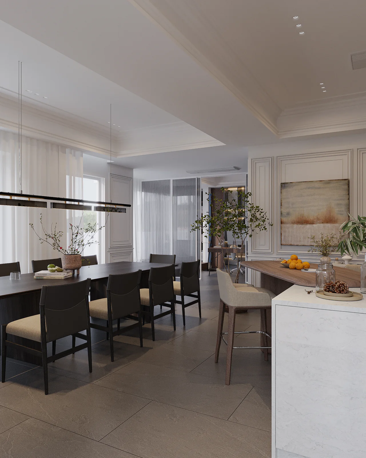 Phòng ăn nhìn về đảo bếp và quầy bar – thiết kế nội thất Penthouse Triplex Riverpark Phú Mỹ Hưng – LU Design