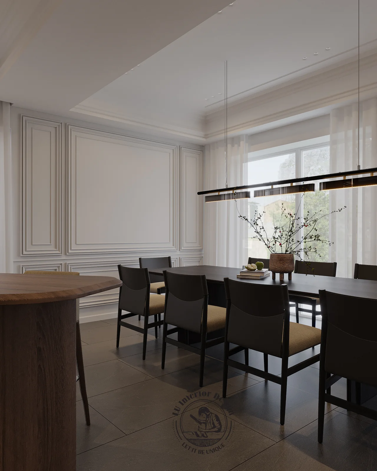 Bàn ăn và tường phào chỉ trắng dưới đèn thả – thiết kế nội thất Penthouse Triplex Riverpark Phú Mỹ Hưng – LU Design