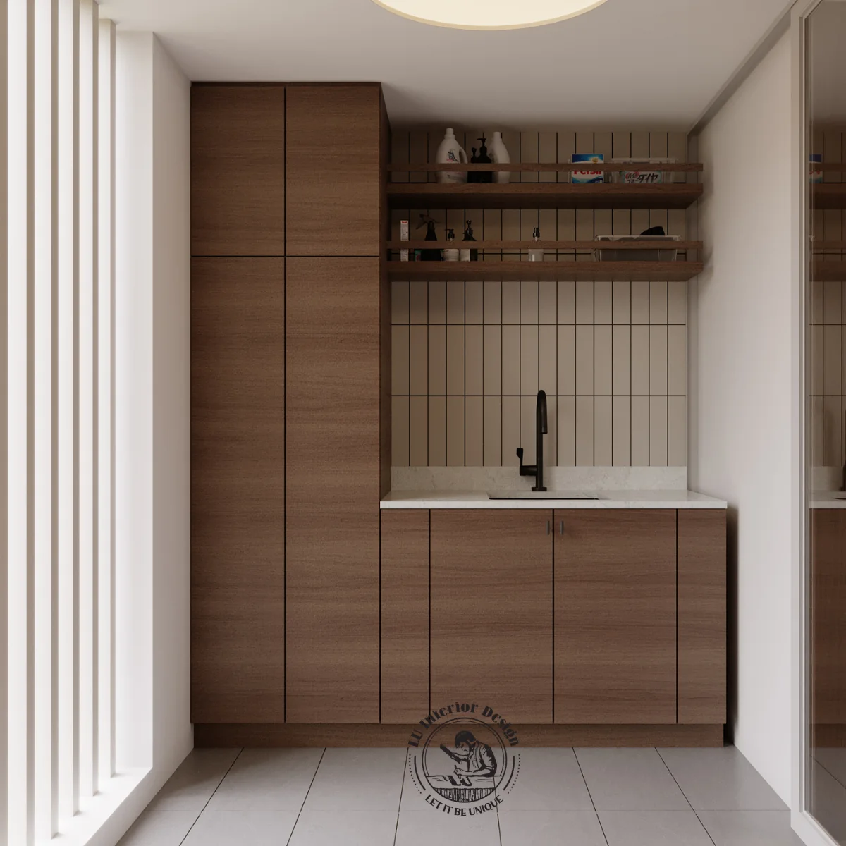 Phòng giặt với bồn rửa và tủ gỗ kịch trần – thiết kế nội thất Penthouse Triplex Riverpark Phú Mỹ Hưng – LU Design