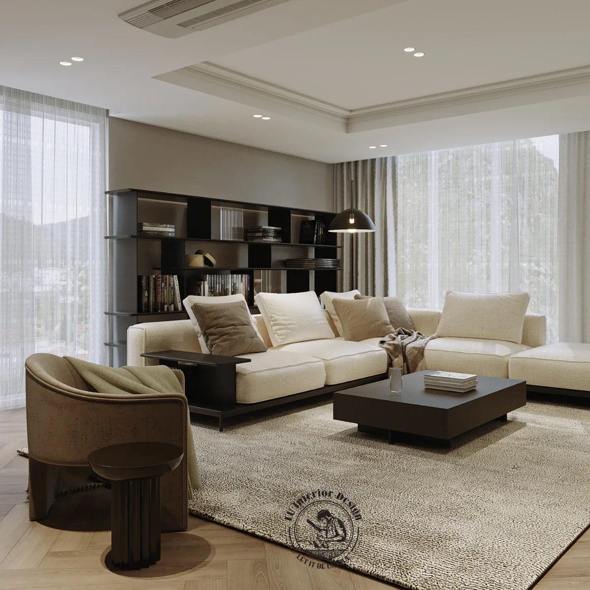 Đèn cần câu cong và bàn trà gỗ đen trên thảm lông – thiết kế nội thất Penthouse Triplex Riverpark Phú Mỹ Hưng – LU Design
