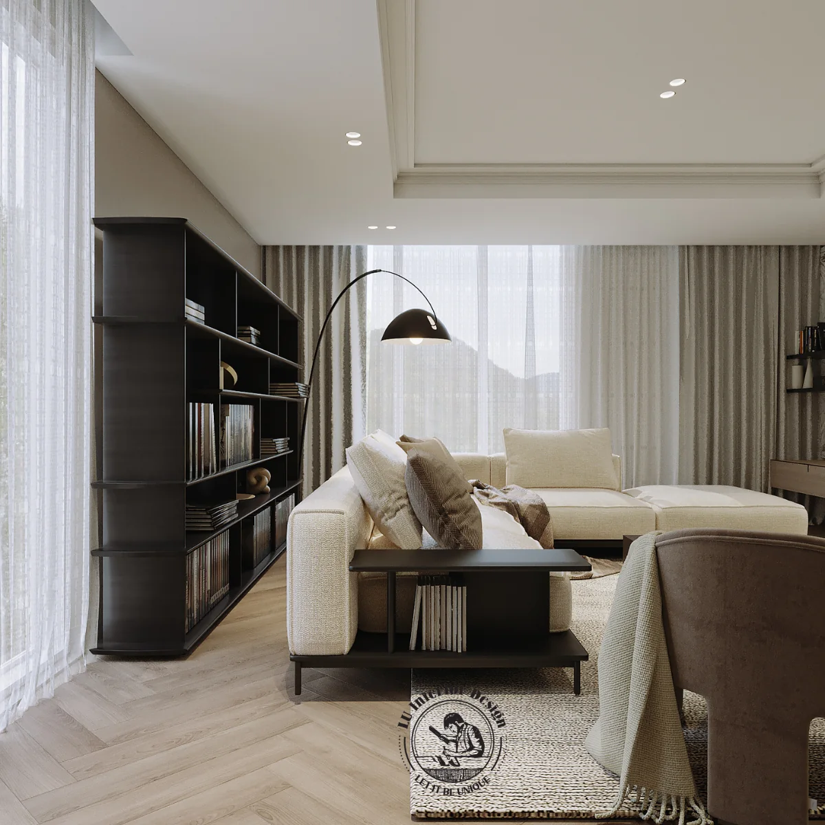 Kệ sách kim loại đen và sofa kem trong phòng khách – thiết kế nội thất Penthouse Triplex Riverpark Phú Mỹ Hưng – LU Design