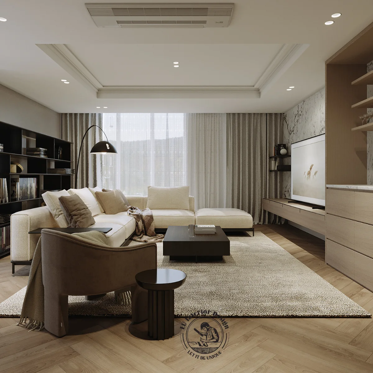 Phòng khách sofa vải kem, ghế bành nâu và vách tivi đá marble – thiết kế nội thất Penthouse Triplex Riverpark Phú Mỹ Hưng – LU Design
