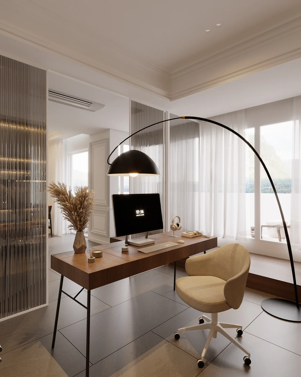 Bàn làm việc bên vách kính rãnh ngăn với khu sinh hoạt – thiết kế nội thất Penthouse Triplex Riverpark Phú Mỹ Hưng – LU Design