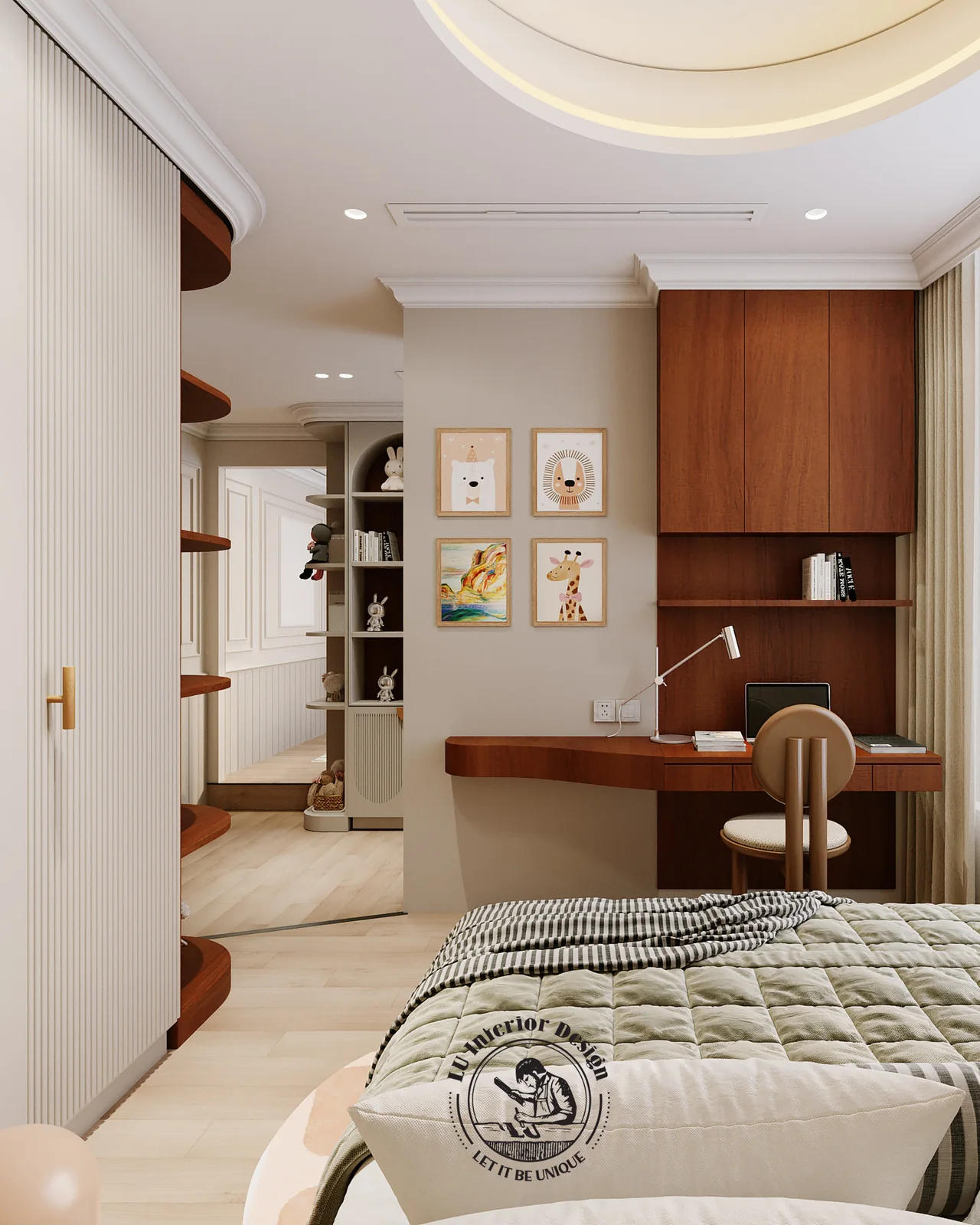 Bàn học gỗ và kệ tranh trong phòng bé – thiết kế nội thất Penthouse Triplex Riverpark Phú Mỹ Hưng – LU Design