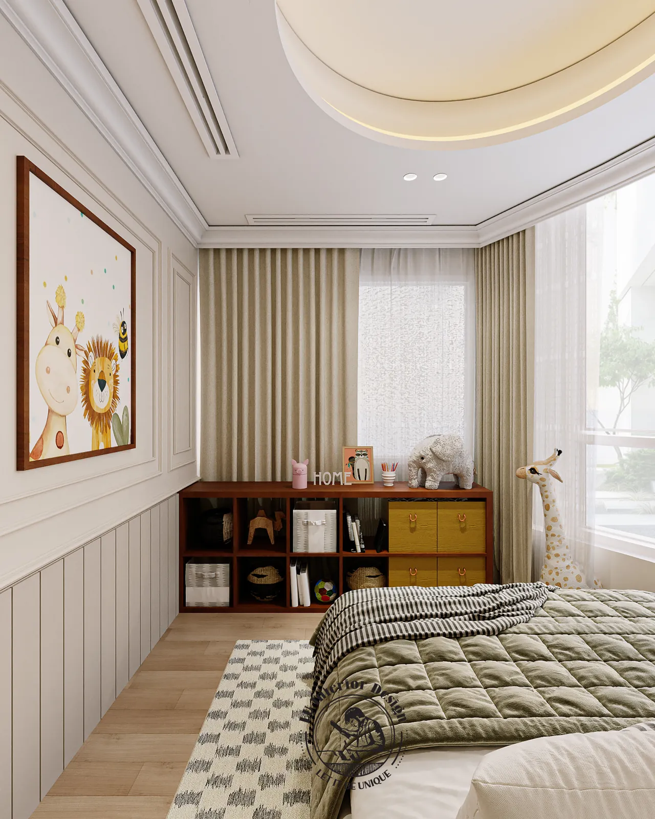 Kệ đồ chơi thấp dưới tranh hươu cao cổ – thiết kế nội thất Penthouse Triplex Riverpark Phú Mỹ Hưng – LU Design