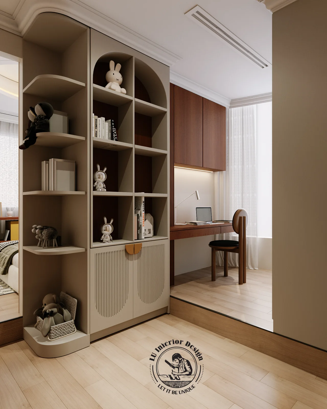 Kệ vòm trưng bày thú bông trong phòng bé – thiết kế nội thất Penthouse Triplex Riverpark Phú Mỹ Hưng – LU Design