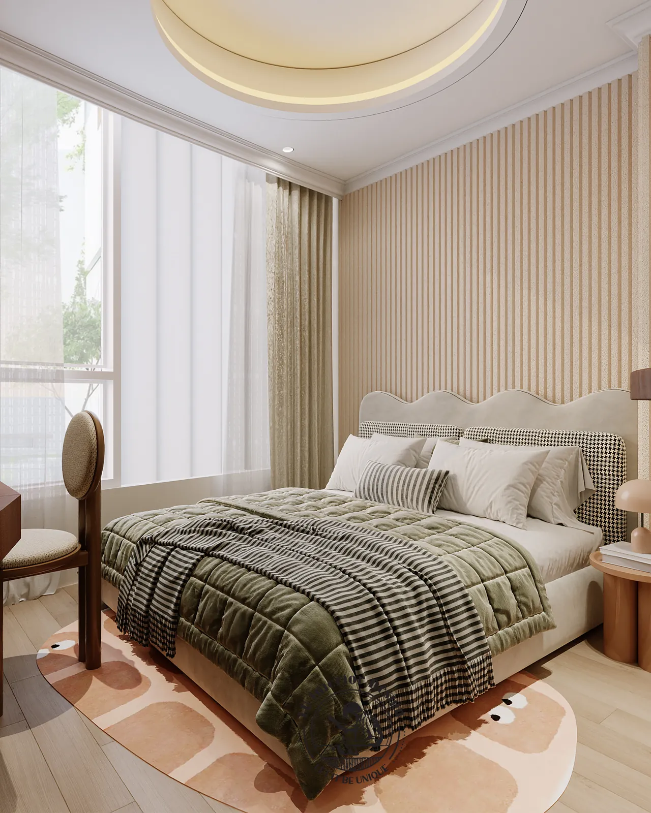 Giường bé trên thảm hình thú cạnh cửa sổ – thiết kế nội thất Penthouse Triplex Riverpark Phú Mỹ Hưng – LU Design