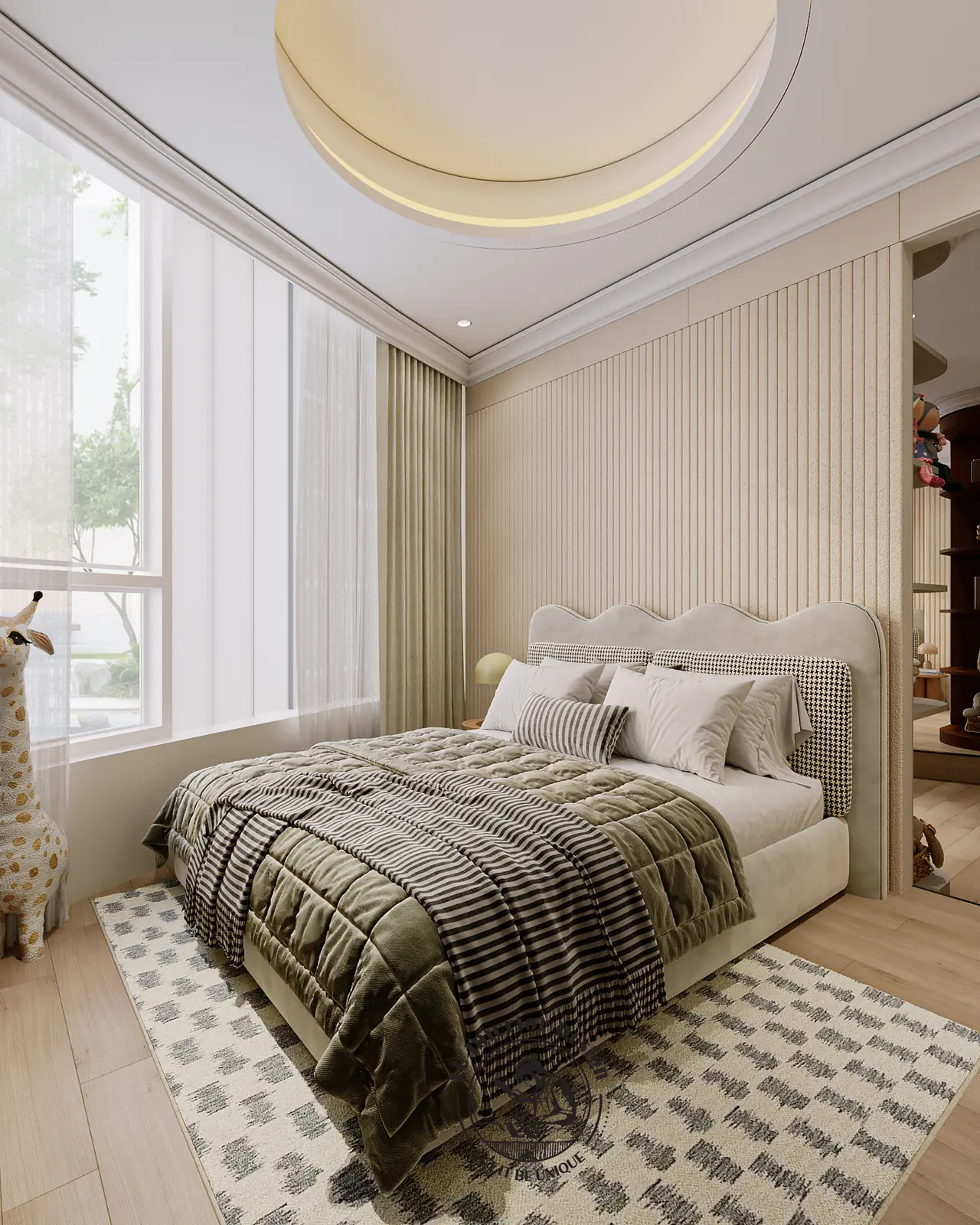 Phòng bé trần tròn đèn hắt và đầu giường lượn sóng – thiết kế nội thất Penthouse Triplex Riverpark Phú Mỹ Hưng – LU Design