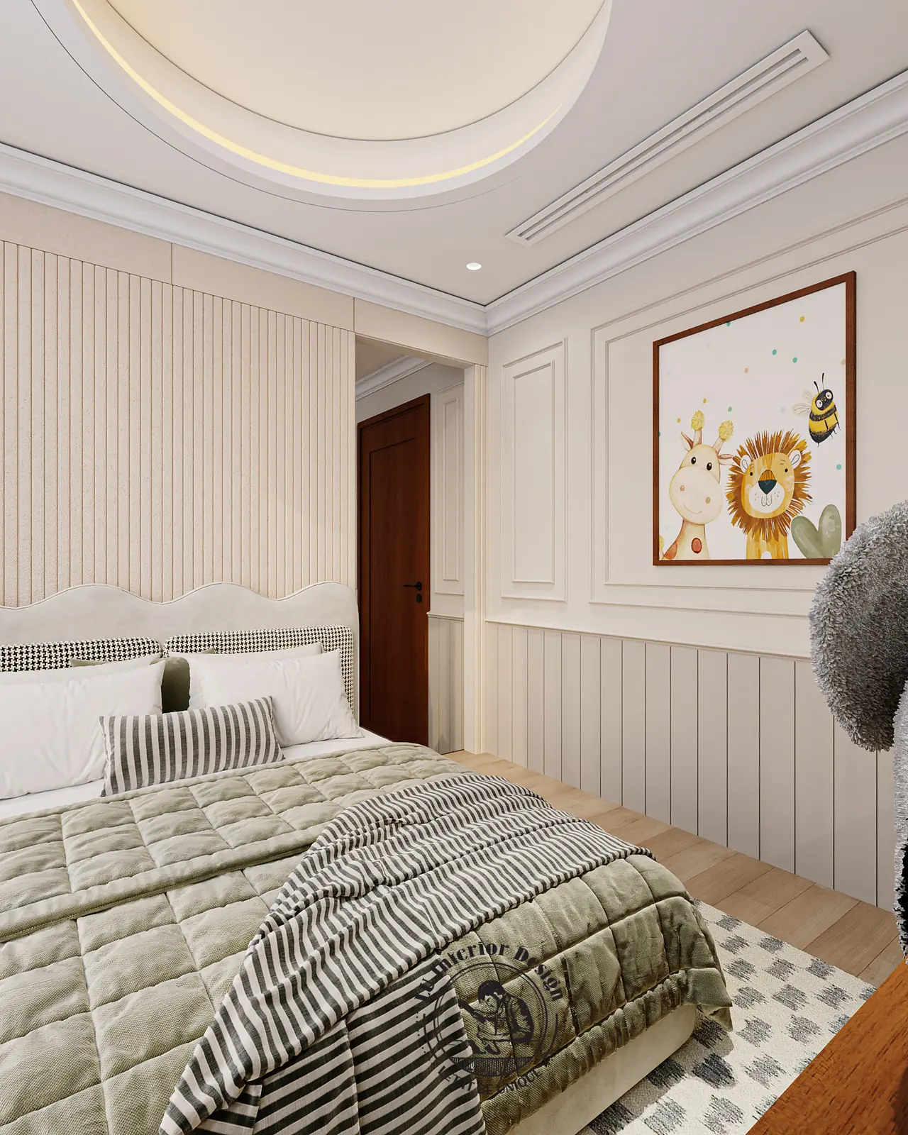 Giường bé với tranh sư tử và tường ốp nan – thiết kế nội thất Penthouse Triplex Riverpark Phú Mỹ Hưng – LU Design