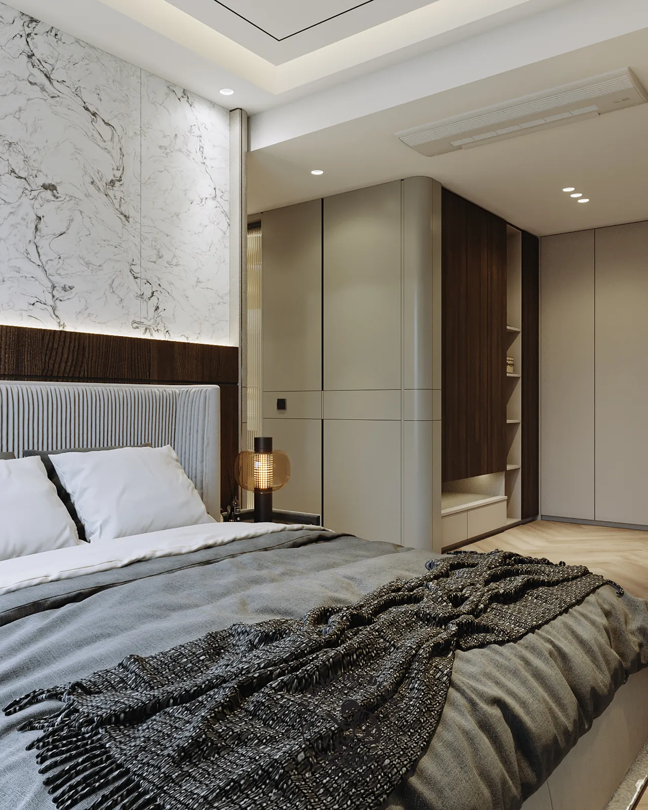 Giường bọc nỉ xám và vách đá marble phòng master – thiết kế nội thất Penthouse Triplex Riverpark Phú Mỹ Hưng – LU Design