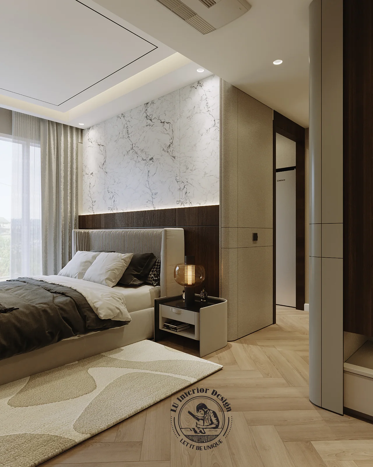 Tab đầu giường và đèn bàn trong phòng master – thiết kế nội thất Penthouse Triplex Riverpark Phú Mỹ Hưng – LU Design