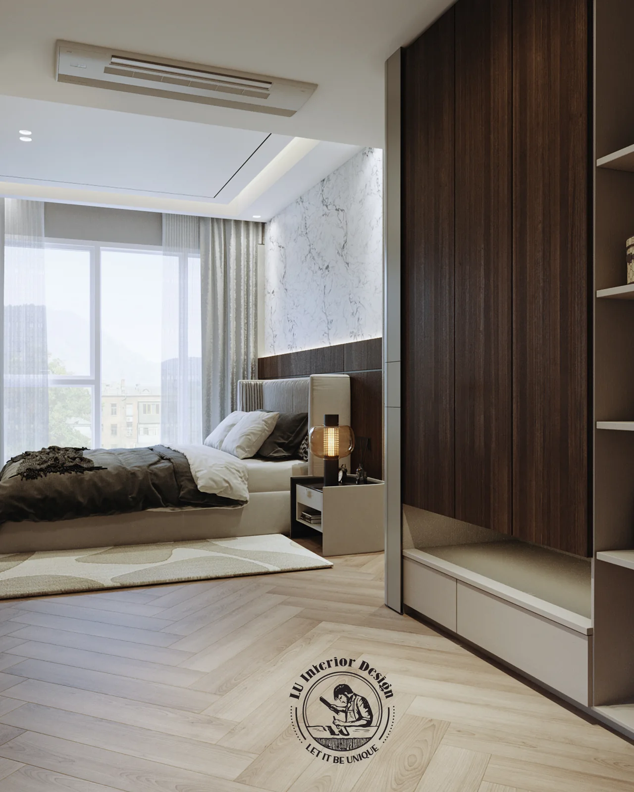 Phòng master với tủ gỗ tối màu và sàn gỗ xương cá – thiết kế nội thất Penthouse Triplex Riverpark Phú Mỹ Hưng – LU Design