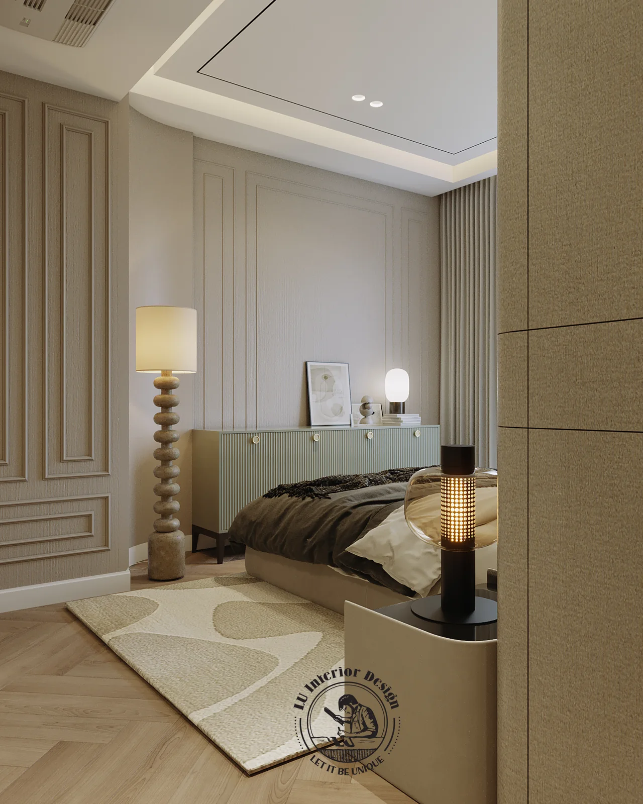 Giường master và tủ thấp xanh sage cạnh cửa sổ – thiết kế nội thất Penthouse Triplex Riverpark Phú Mỹ Hưng – LU Design