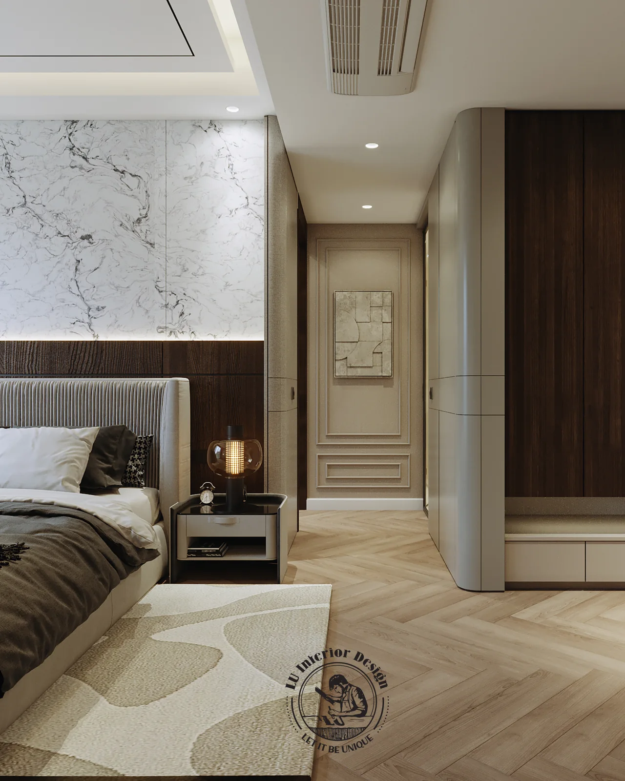 Phòng ngủ master vách đầu giường ốp đá marble vân trắng – thiết kế nội thất Penthouse Triplex Riverpark Phú Mỹ Hưng – LU Design