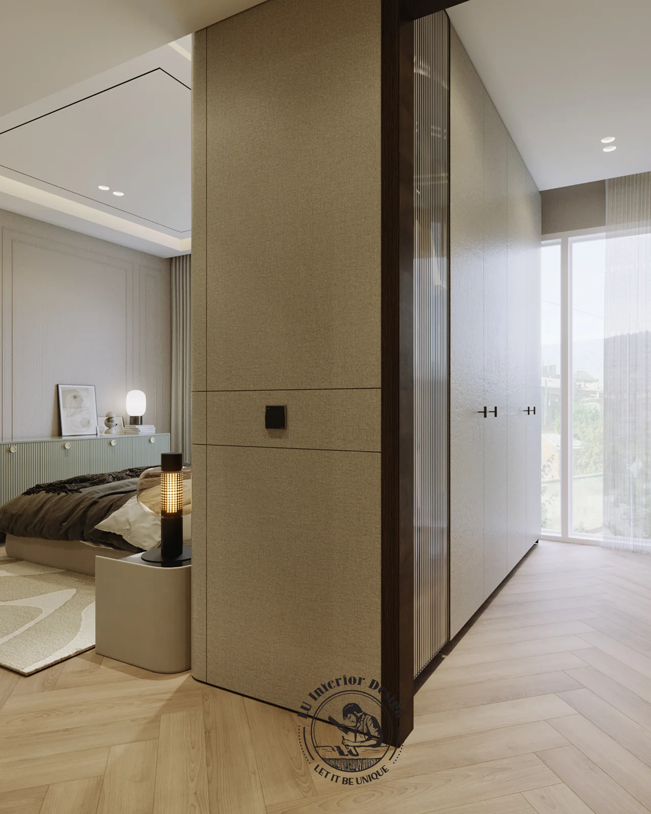 Phòng thay đồ nhìn về giường master – thiết kế nội thất Penthouse Triplex Riverpark Phú Mỹ Hưng – LU Design