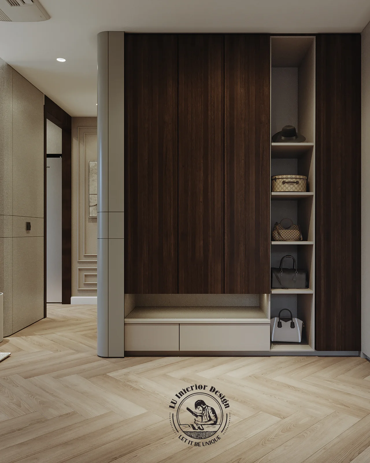 Tủ đồ gỗ óc chó kịch trần trong phòng thay đồ – thiết kế nội thất Penthouse Triplex Riverpark Phú Mỹ Hưng – LU Design
