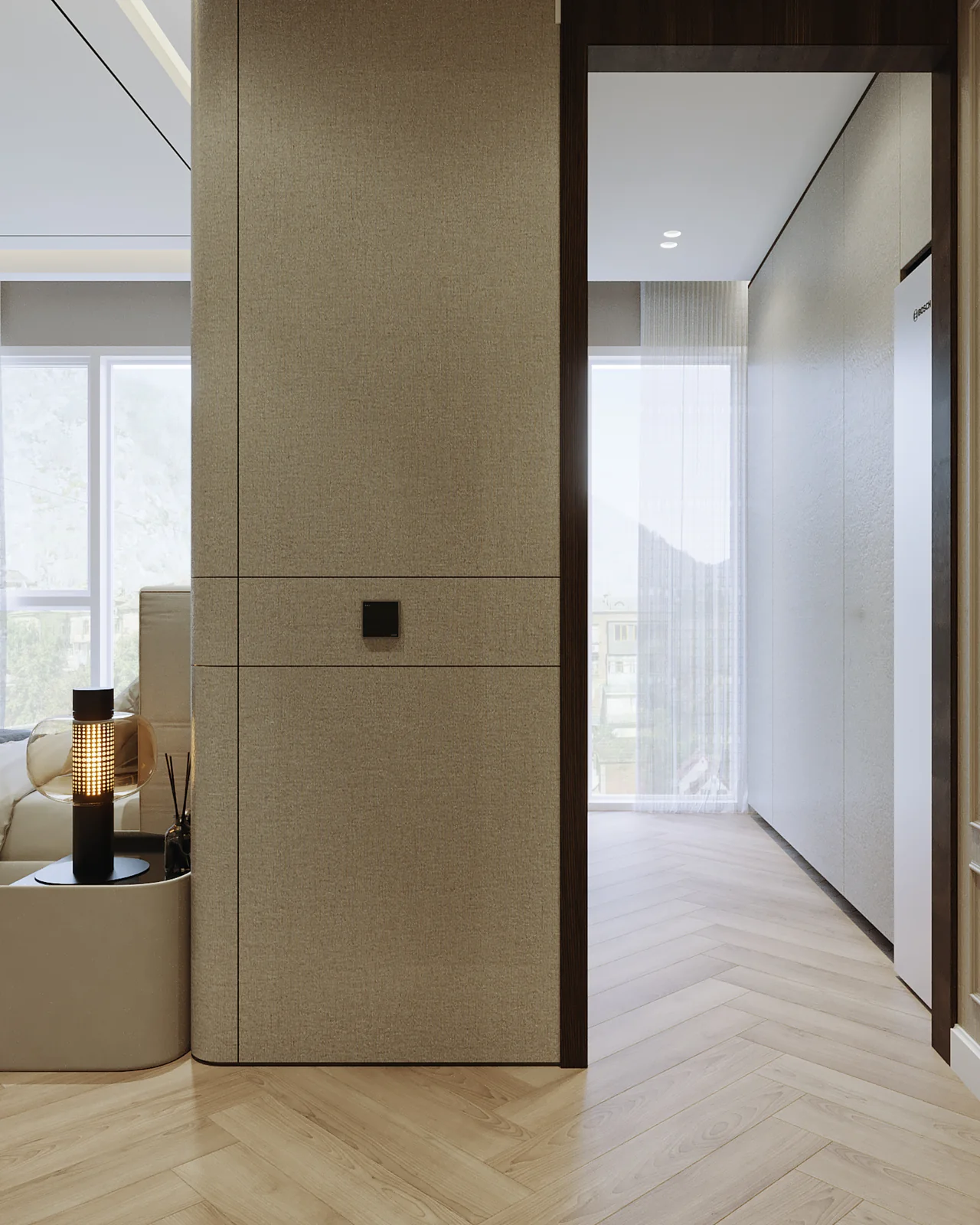 Phòng thay đồ master ngăn bằng vách nỉ xám – thiết kế nội thất Penthouse Triplex Riverpark Phú Mỹ Hưng – LU Design