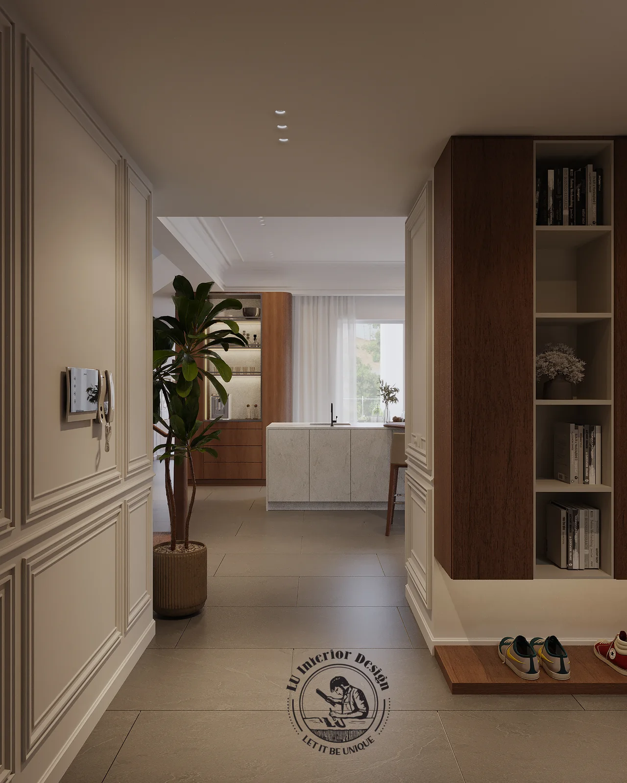 Sảnh vào nhà với tủ giày gỗ kết hợp kệ mở – thiết kế nội thất Penthouse Triplex Riverpark Phú Mỹ Hưng – LU Design