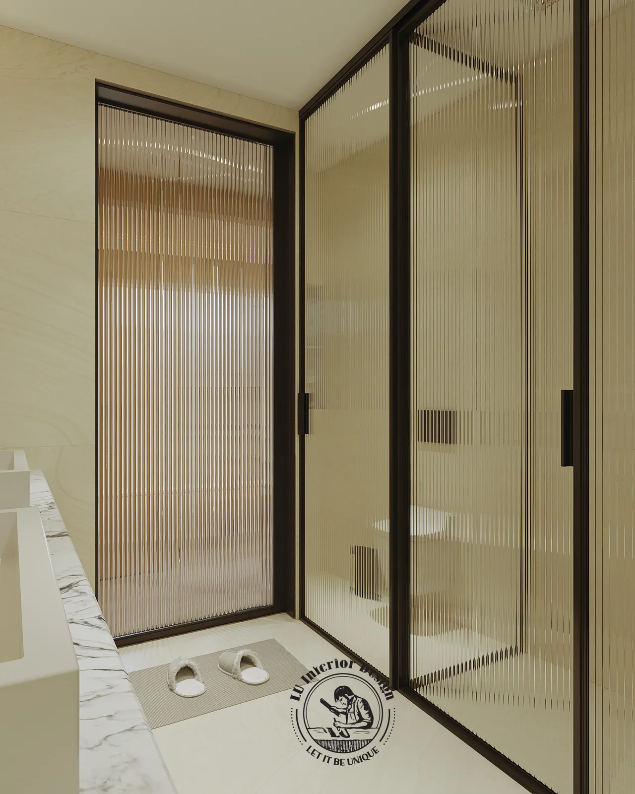 Cửa kính rãnh và lavabo trong phòng tắm master – thiết kế nội thất Penthouse Triplex Riverpark Phú Mỹ Hưng – LU Design