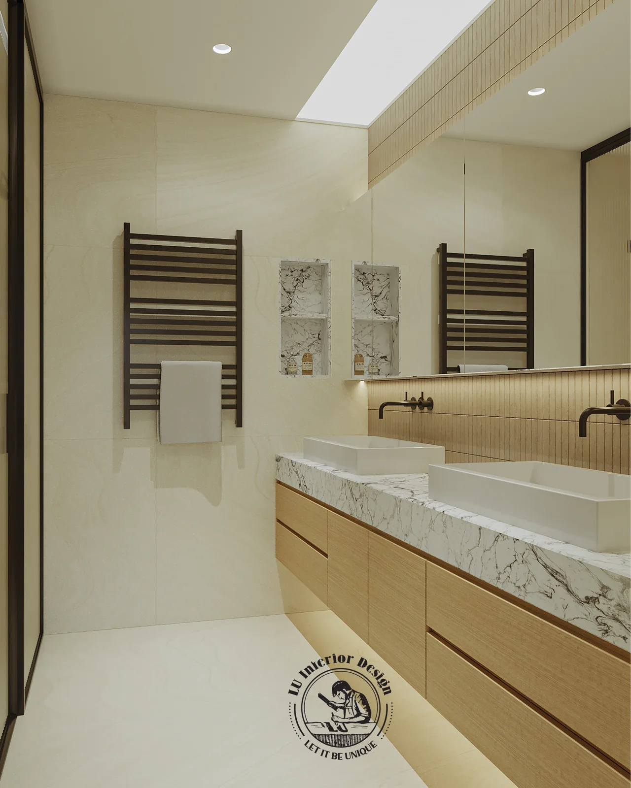 Lavabo đôi mặt đá marble trên tủ gỗ – thiết kế nội thất Penthouse Triplex Riverpark Phú Mỹ Hưng – LU Design