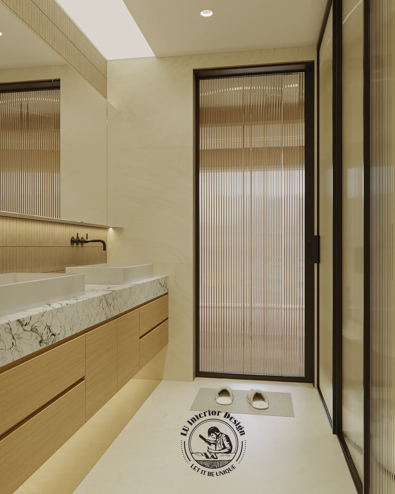 Tủ lavabo gỗ và gương dài trong phòng tắm master – thiết kế nội thất Penthouse Triplex Riverpark Phú Mỹ Hưng – LU Design
