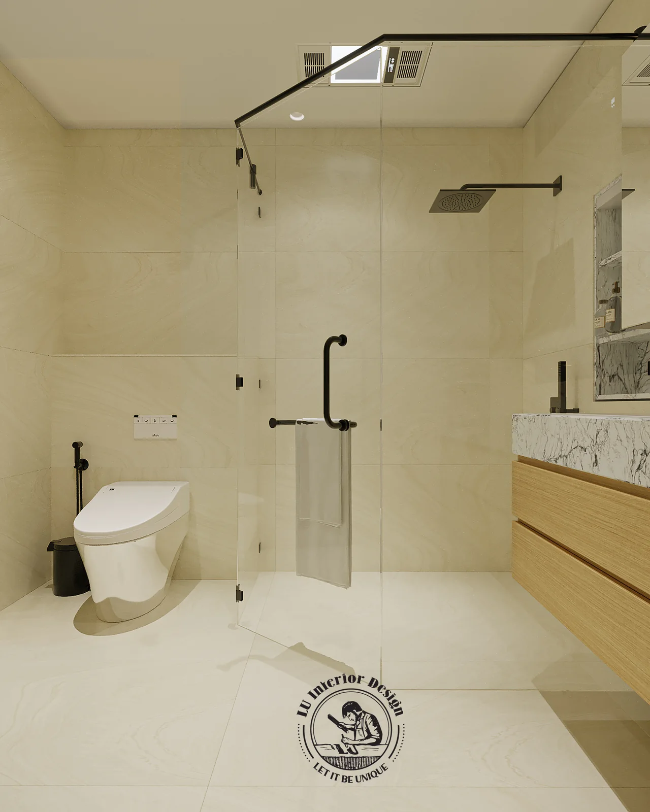 Khu tắm đứng vách kính trong phòng tắm bé – thiết kế nội thất Penthouse Triplex Riverpark Phú Mỹ Hưng – LU Design