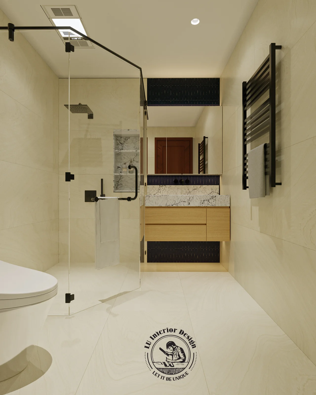 Phòng tắm của bé với vách tắm kính và thanh sấy khăn – thiết kế nội thất Penthouse Triplex Riverpark Phú Mỹ Hưng – LU Design