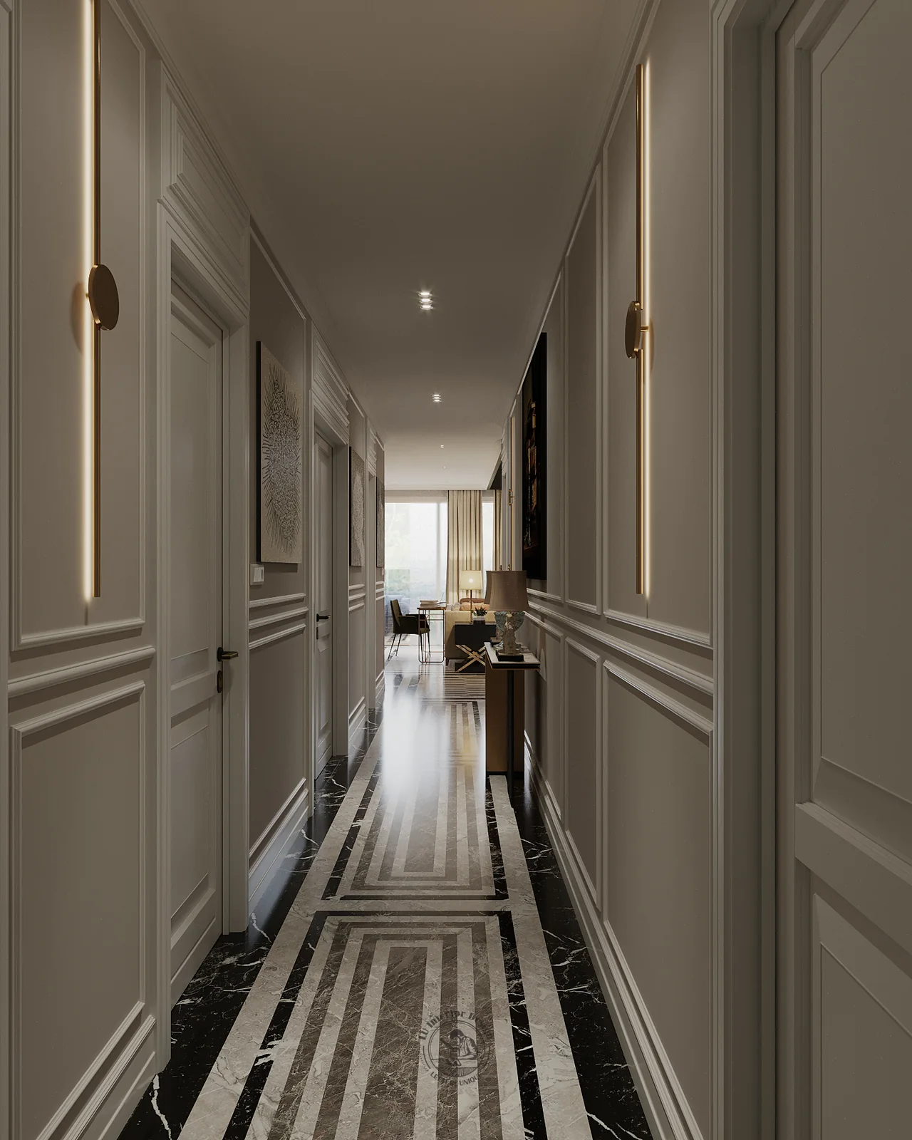 Hành lang dài với đèn tường dọc và cửa ốp phào – thiết kế nội thất căn hộ Duplex Serenity Sky Villas – LU Design