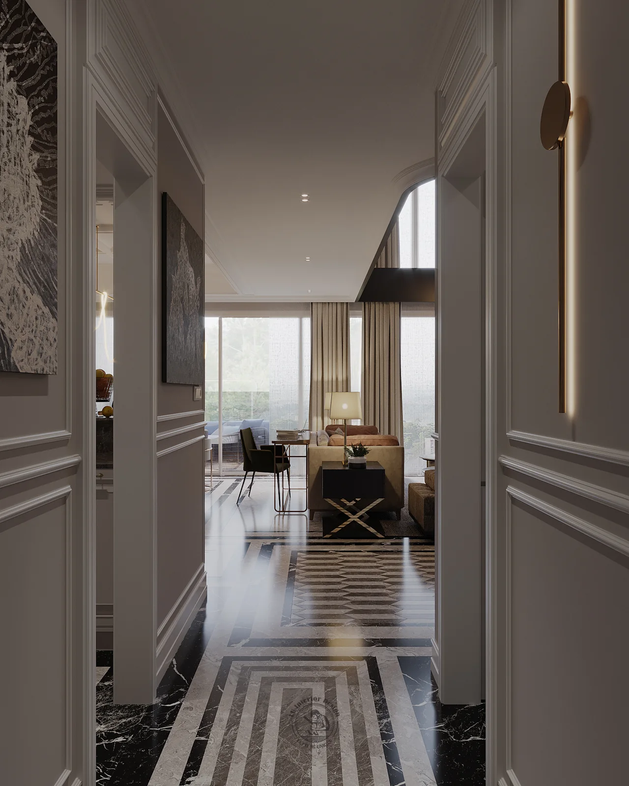 Hành lang sàn đá viền đen dẫn ra phòng khách – thiết kế nội thất căn hộ Duplex Serenity Sky Villas – LU Design