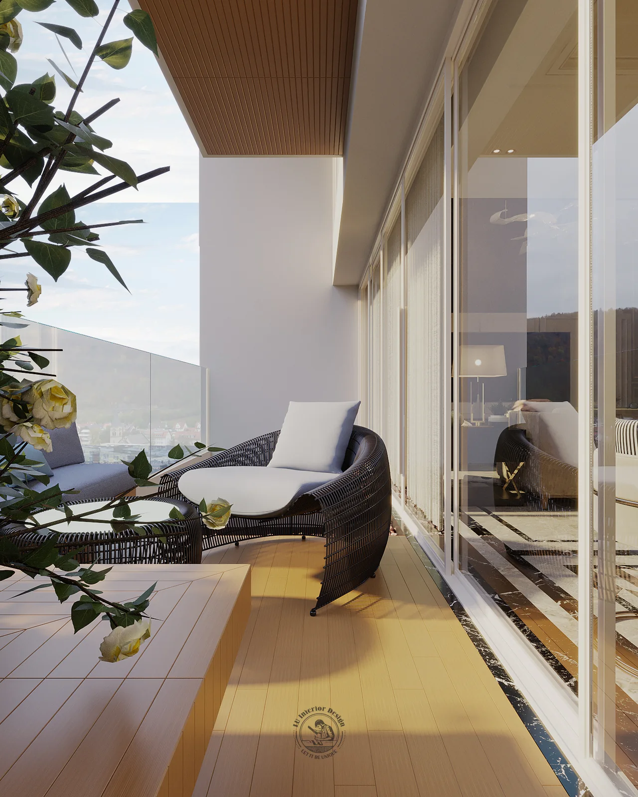 Logia mái gỗ với ghế thư giãn nhìn ra thành phố – thiết kế nội thất căn hộ Duplex Serenity Sky Villas – LU Design