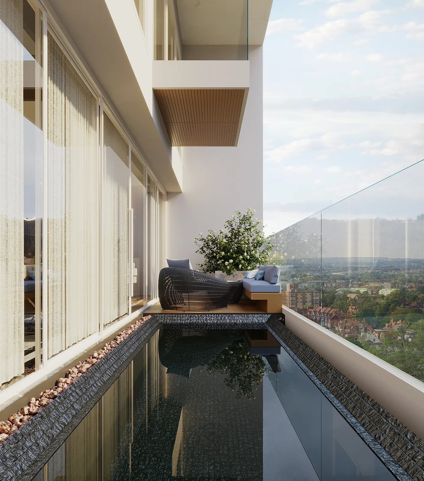 Hồ bơi riêng trên logia sát lan can kính – thiết kế nội thất căn hộ Duplex Serenity Sky Villas – LU Design