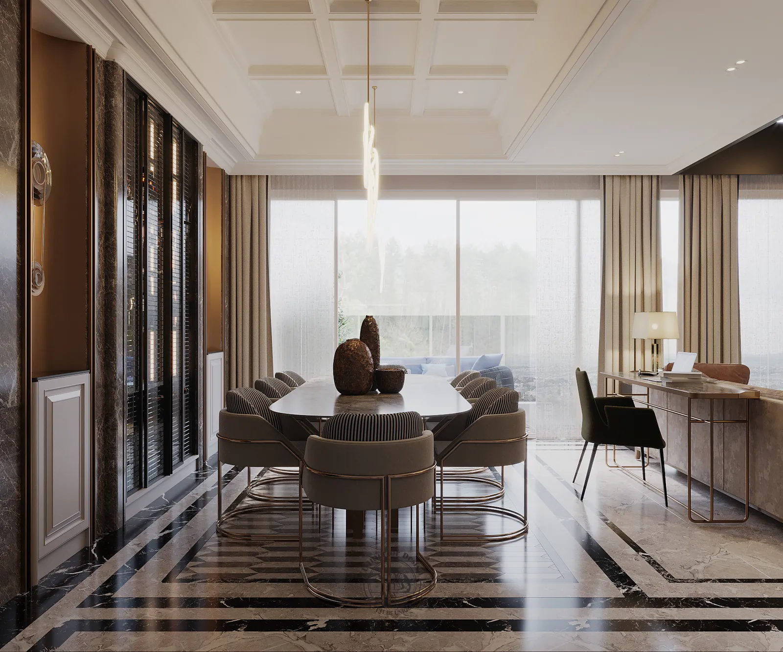 Bàn ăn bên cửa kính lớn với đèn treo dáng dài – thiết kế nội thất căn hộ Duplex Serenity Sky Villas – LU Design