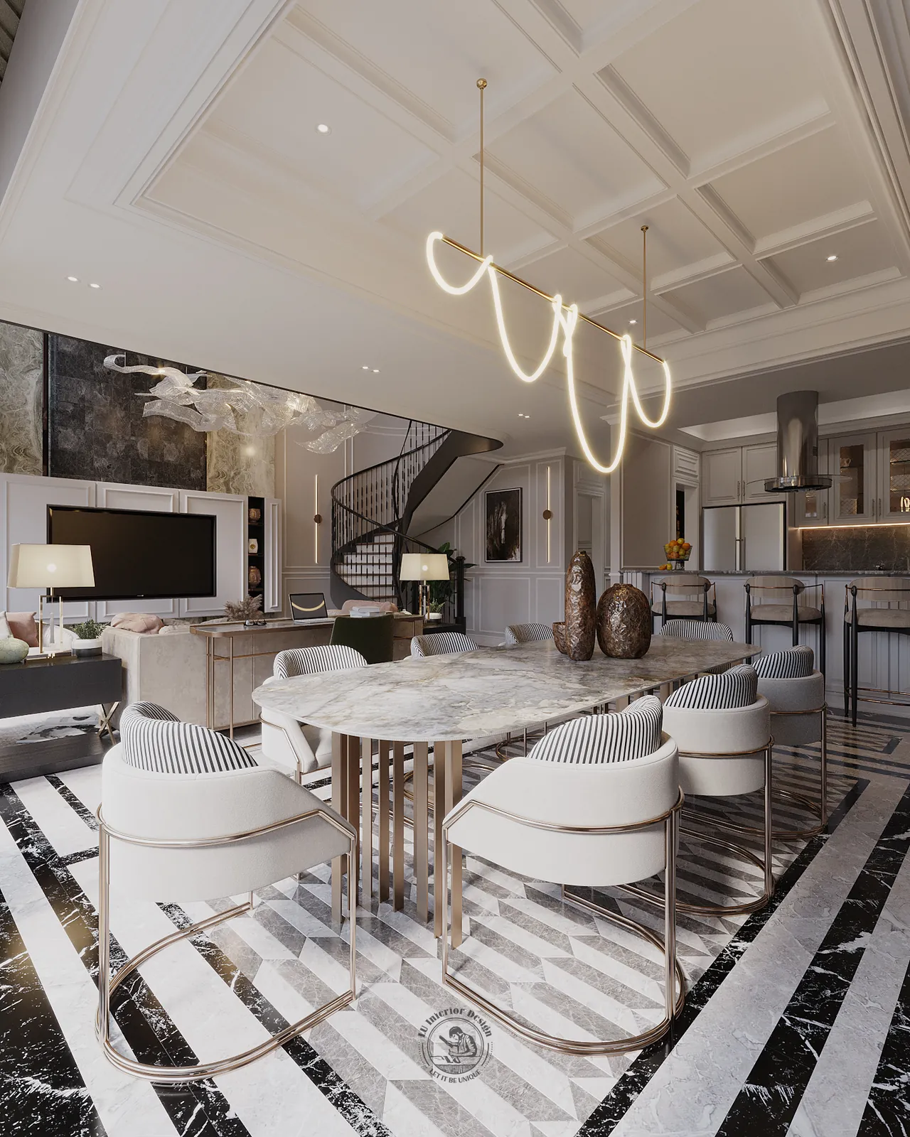 Bàn ăn mặt đá marble vân xám và ghế bọc vải trắng – thiết kế nội thất căn hộ Duplex Serenity Sky Villas – LU Design