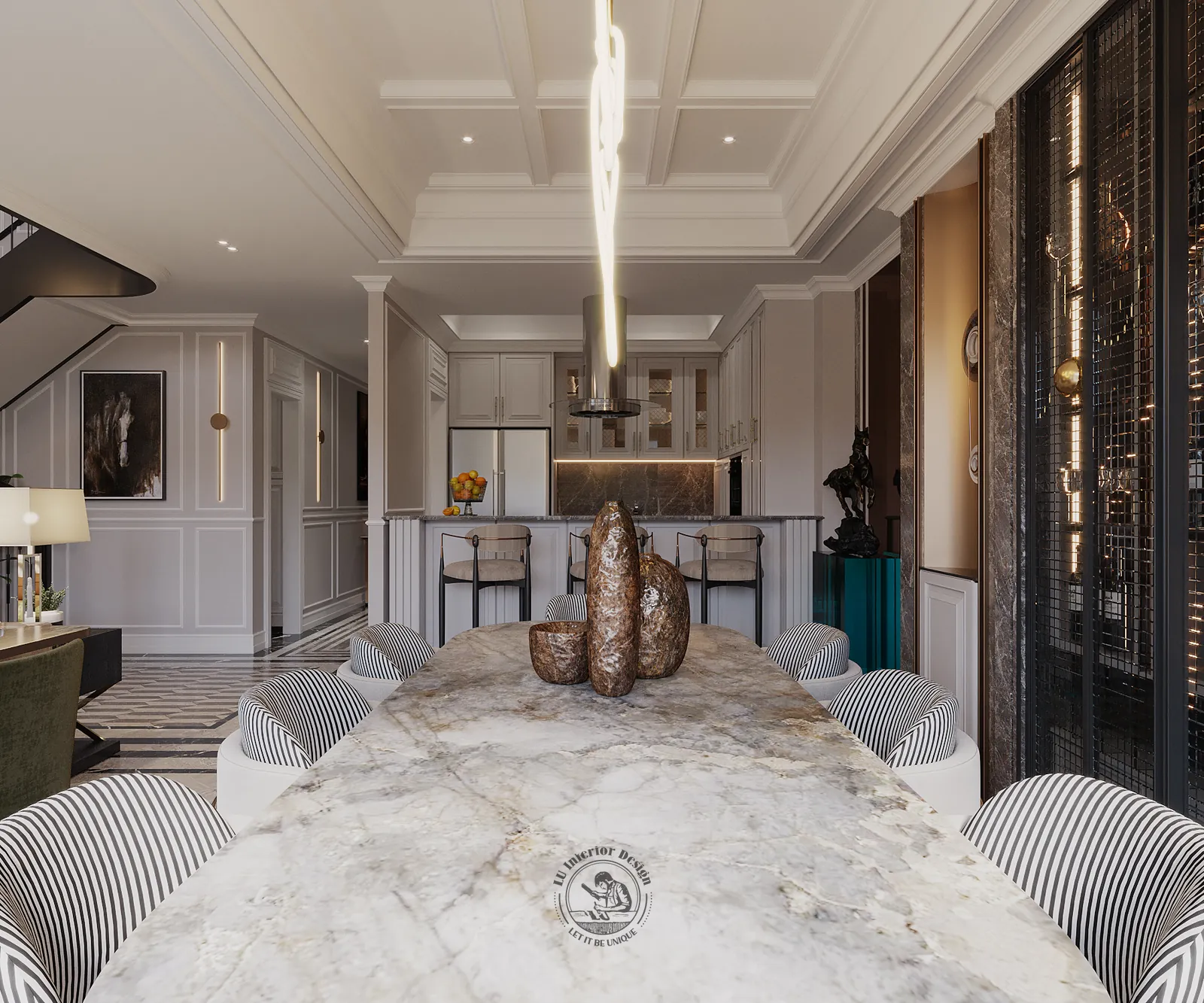Bàn ăn nhìn về đảo bếp và tủ bếp ghi – thiết kế nội thất căn hộ Duplex Serenity Sky Villas – LU Design