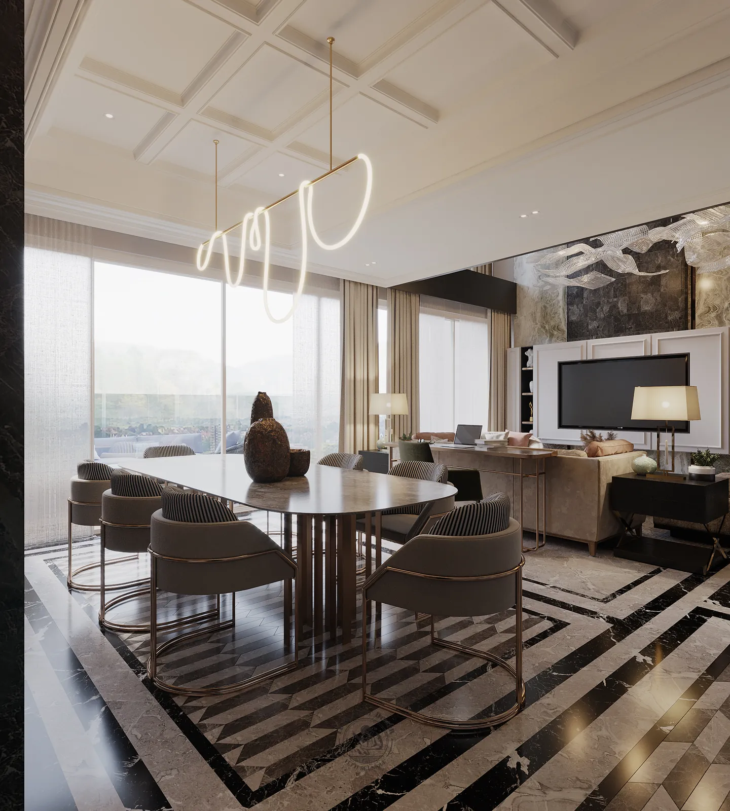 Phòng ăn nhìn sang phòng khách và vách tivi – thiết kế nội thất căn hộ Duplex Serenity Sky Villas – LU Design